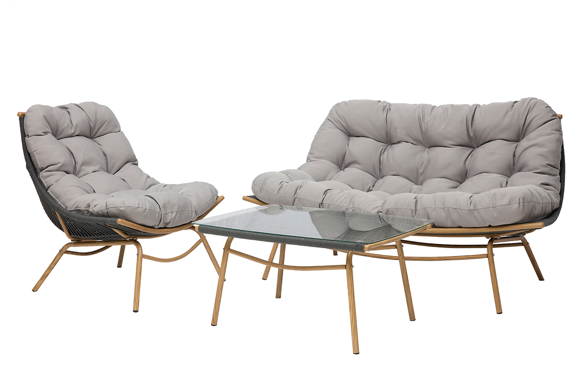 Saln de jardn en tejido gris y metal con mesa de centro ANDREA