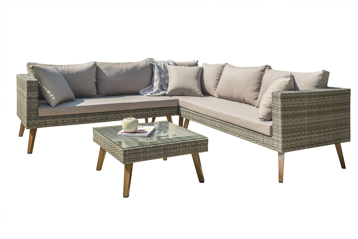 Saln de jardn esquinero en resina trenzada gris HOBA