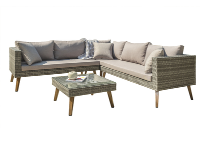 Salón de jardín esquinero en resina trenzada gris HOBA - Salón de jardín esquinero en resina trenzada gris HOBA