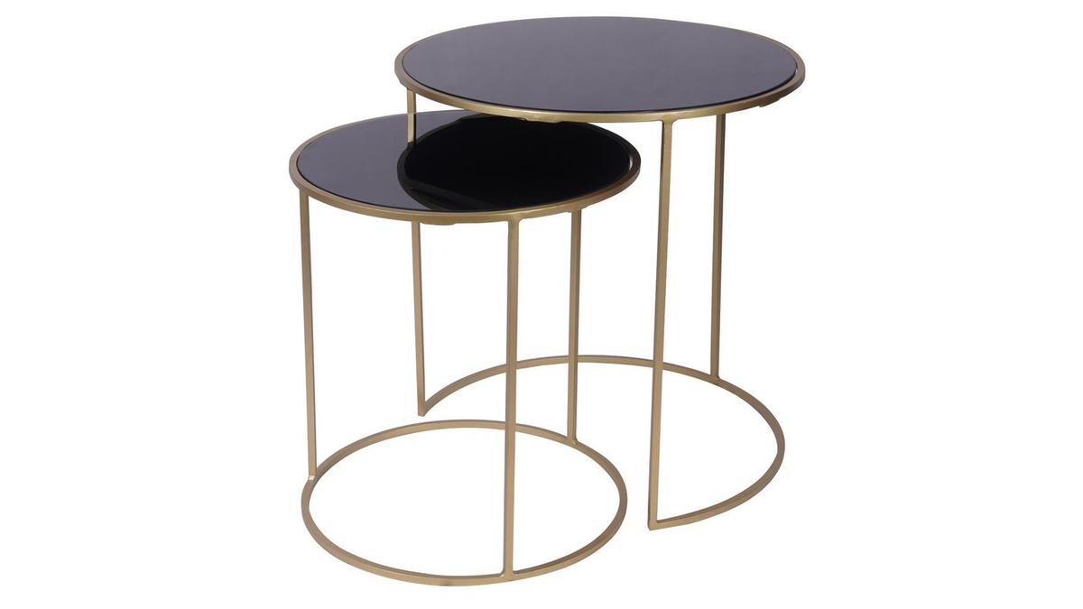 Set de 2 mesas auxiliares madera y vidrio negro
