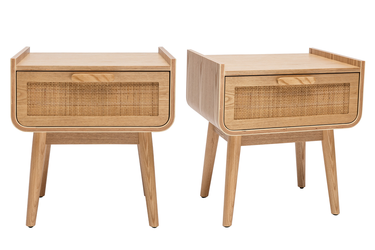 Set de 2 mesillas de noche con cajn de madera maciza clara y caa de ratn 50cm ATHNE