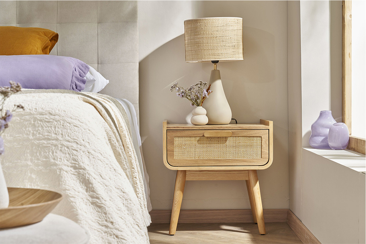 Set de 2 mesillas de noche con cajn de madera maciza clara y caa de ratn 50cm ATHNE