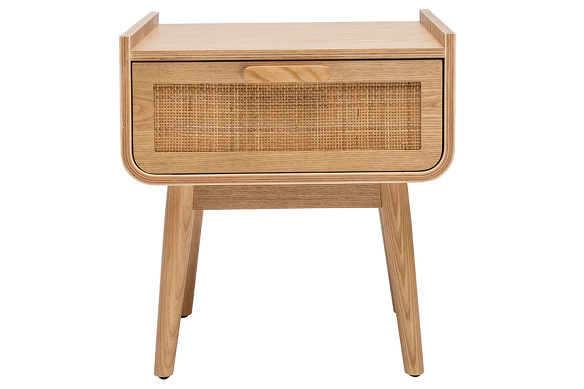Set de 2 mesillas de noche con cajn de madera maciza clara y caa de ratn 50cm ATHNE
