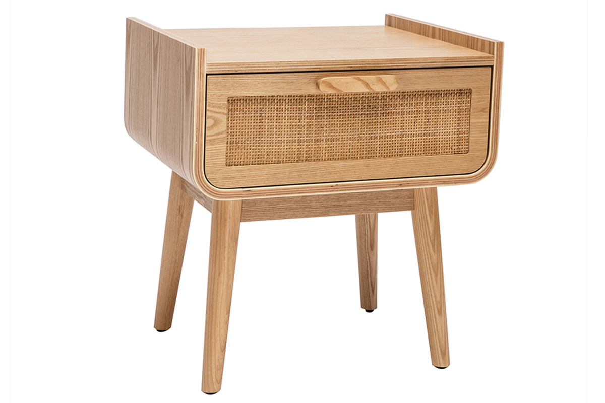 Set de 2 mesillas de noche con cajn de madera maciza clara y caa de ratn 50cm ATHNE