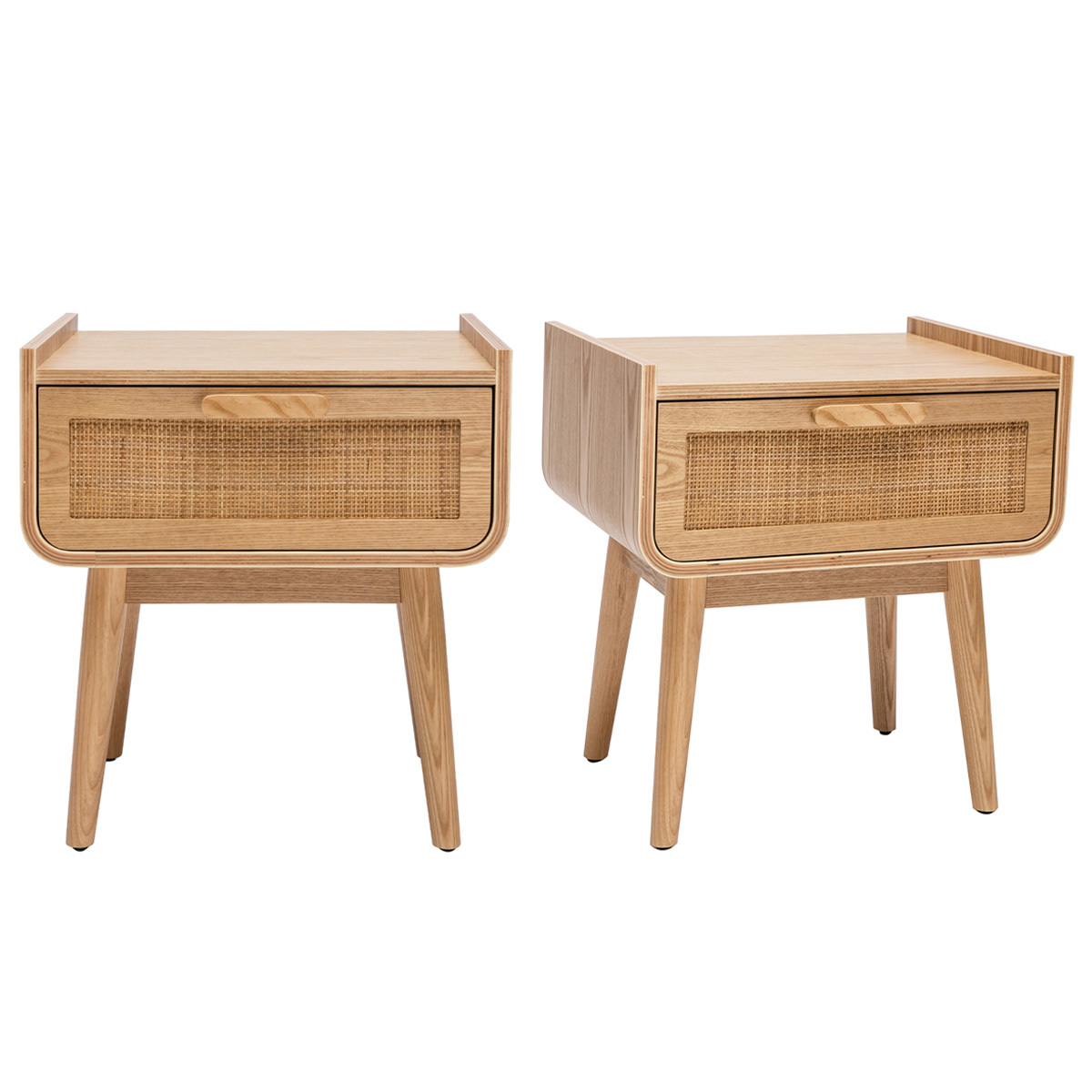 Set de 2 mesillas de noche con cajón de madera maciza clara y caña de ratán 50 cm ATHÈNE