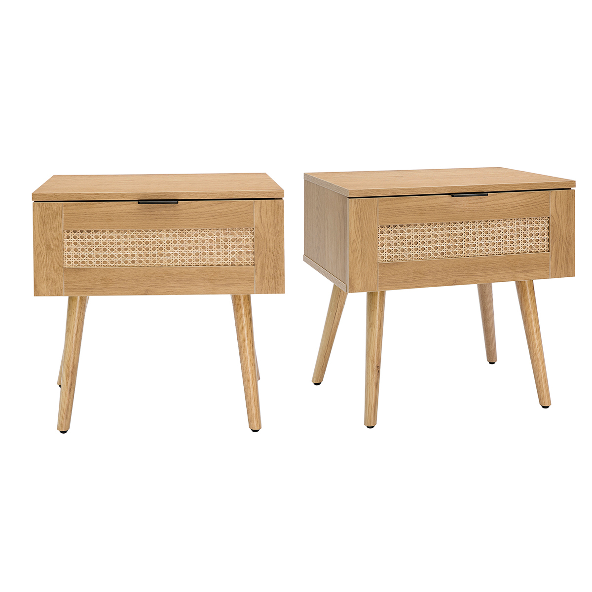 Set de 2 mesillas de noche de madera clara, ratán y metal negro 50 cm MANILLE