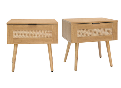Set de 2 mesillas de noche de madera clara, ratán y metal negro MANILLE