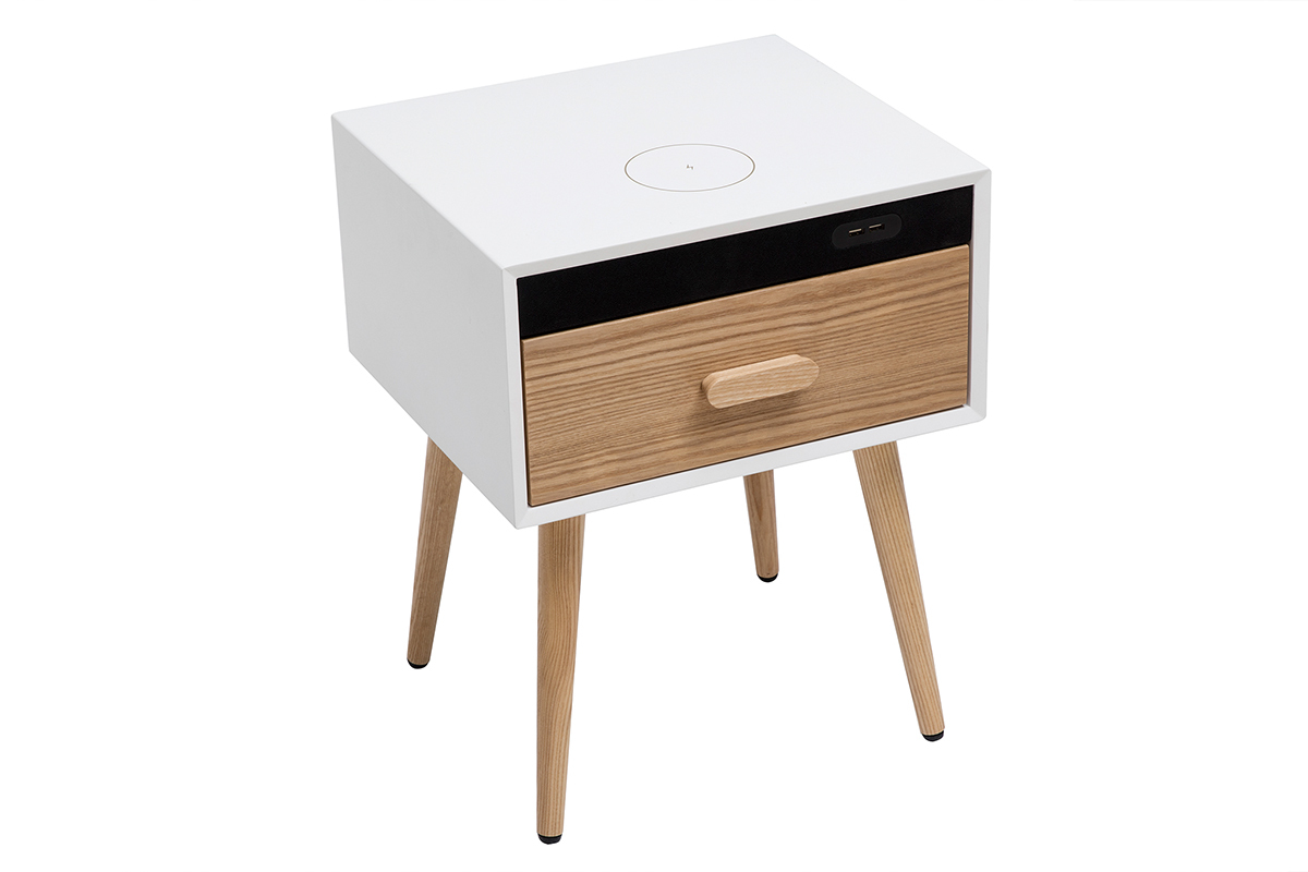 Set de 2 mesillas de noche multimedia de madera clara maciza y blanco mate PAVAN