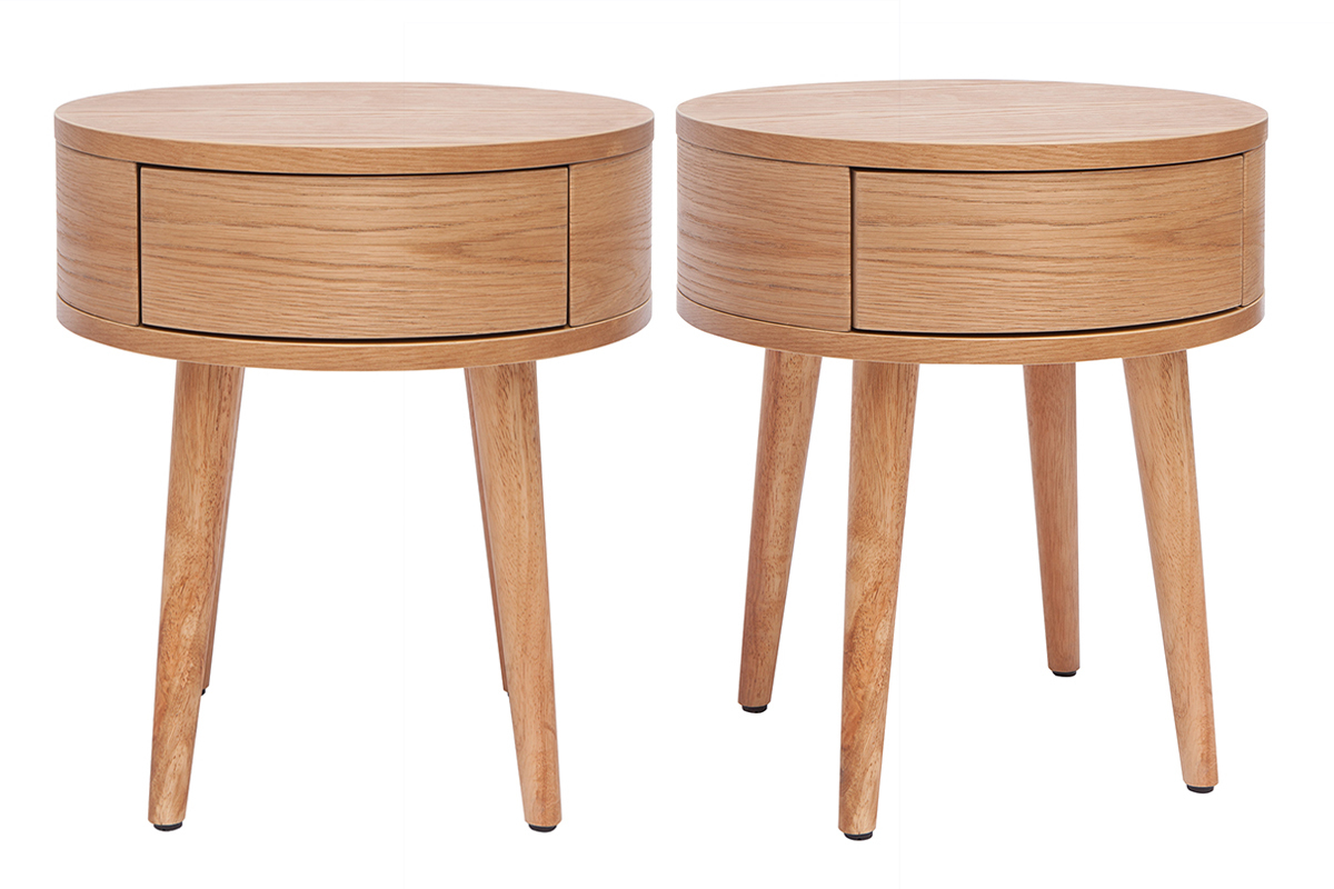 Set de 2 mesillas de noche redondas de madera clara con cajn 45 cm JUDITH