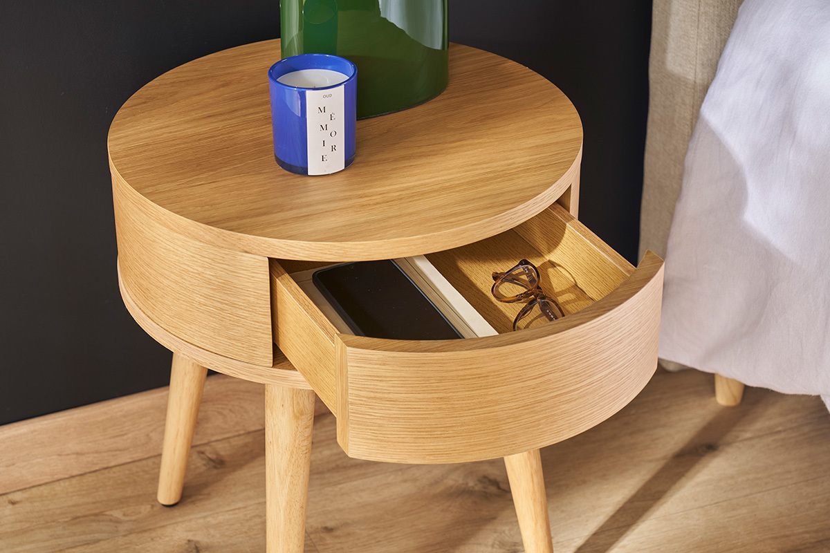 Set de 2 mesillas de noche redondas de madera clara con cajn JUDITH