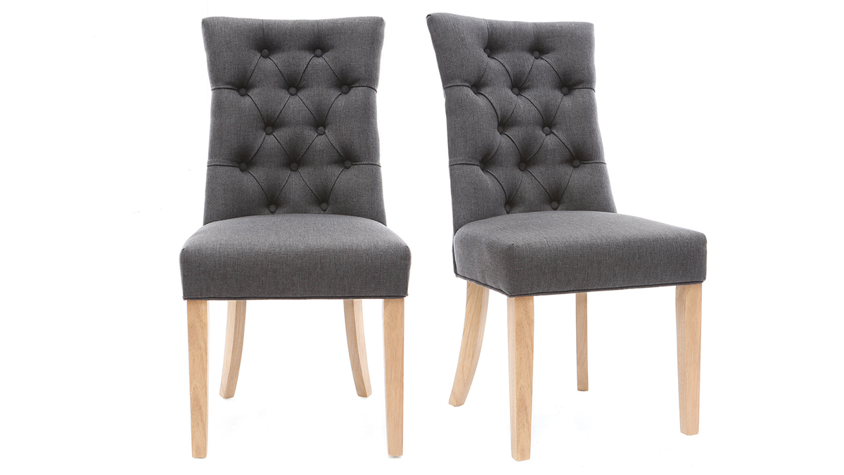 Set de 2 sillas clsicas de tela gris oscuro y madera maciza clara VOLTAIRE