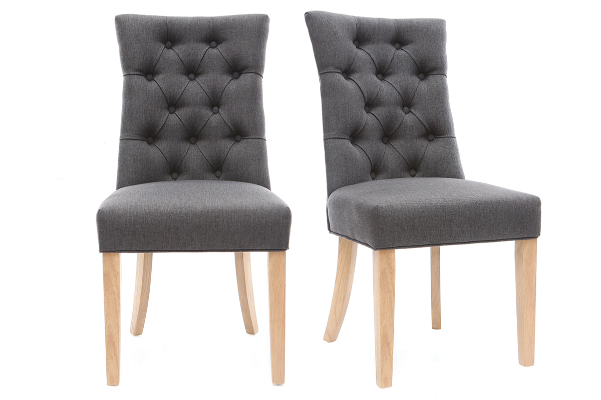Set de 2 sillas clsicas de tela gris oscuro y madera maciza clara VOLTAIRE