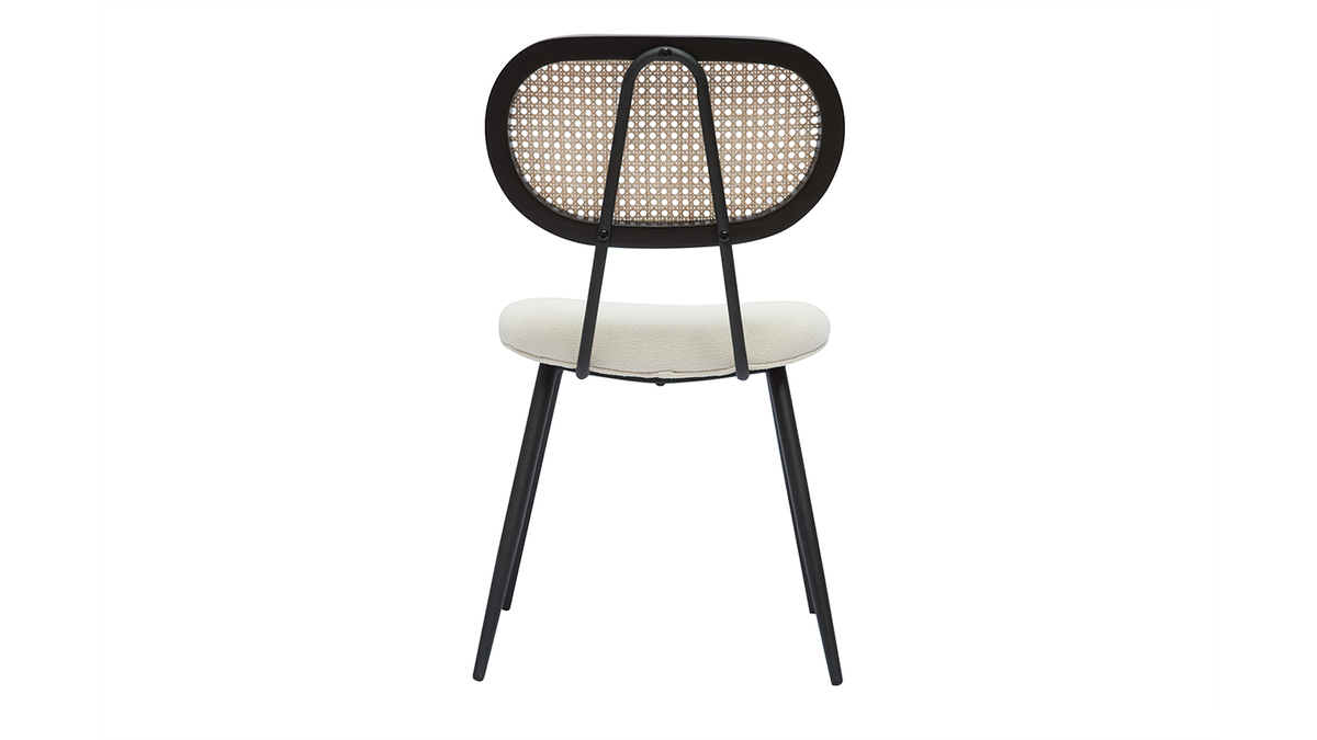 Set de 2 sillas de diseo de borreguillo blanco roto, metal negro y rejilla de ratn natural TOLMA