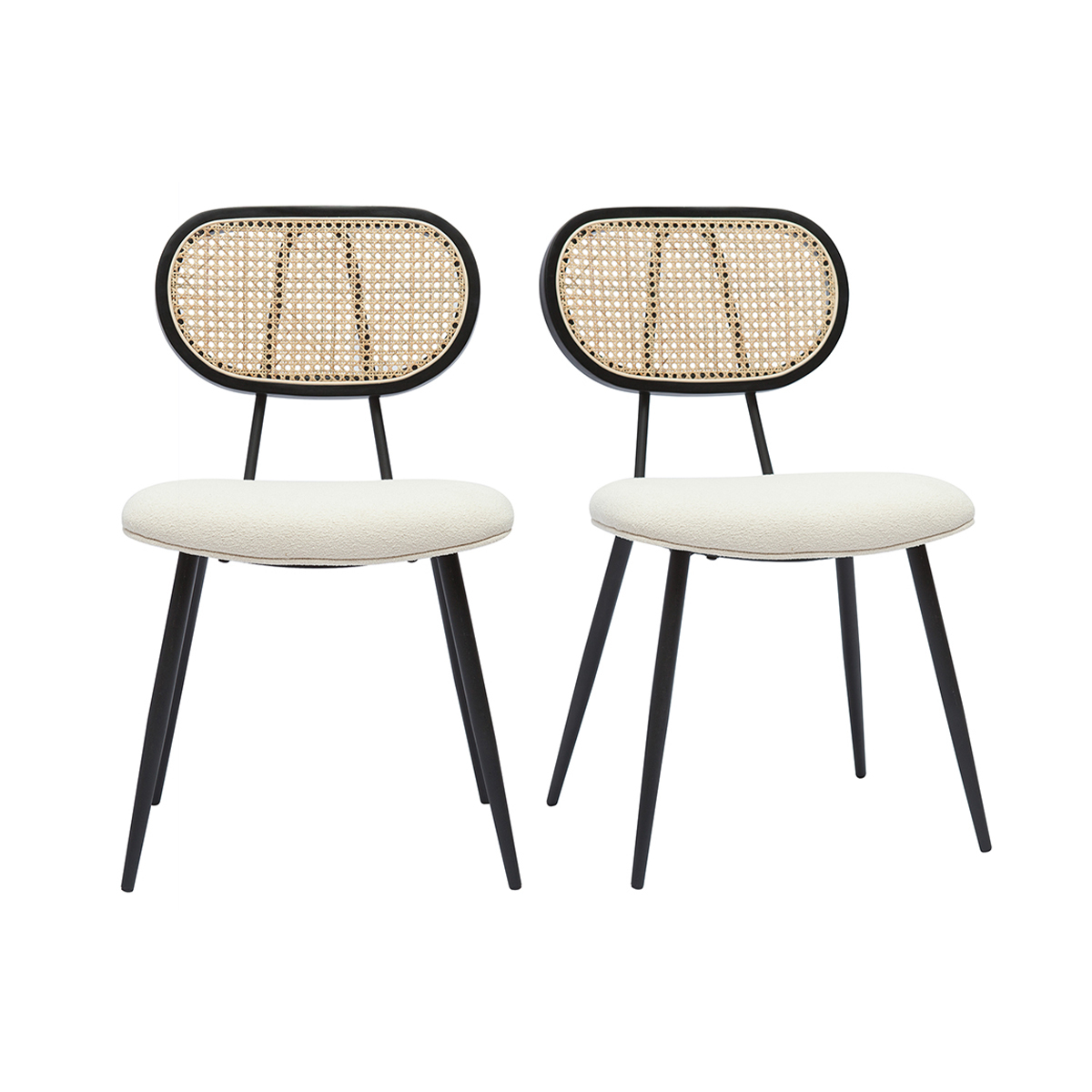 Set de 2 sillas de diseño de borreguillo blanco roto, metal negro y rejilla de ratán natural TOLMA