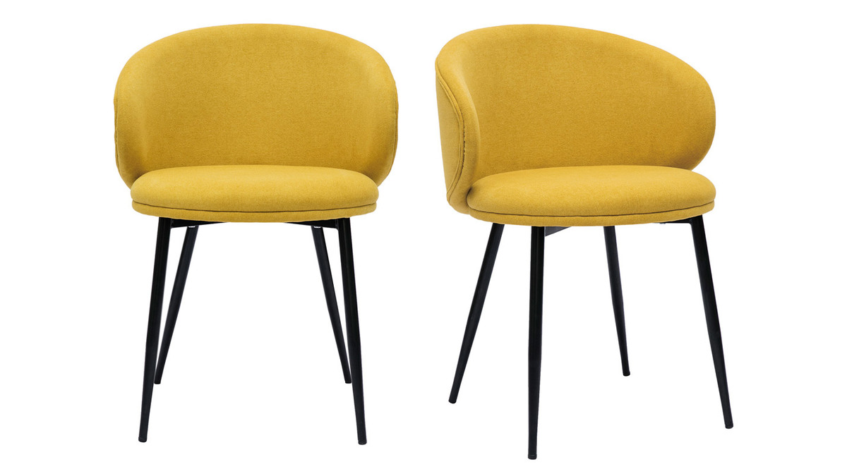 Set de 2 sillas de diseo de tela efecto aterciopelado amarillo mostaza y metal negro ROSALIE