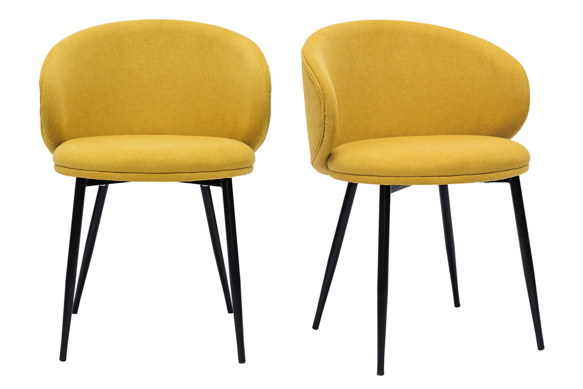 Set de 2 sillas de diseo de tela efecto aterciopelado amarillo mostaza y metal negro ROSALIE
