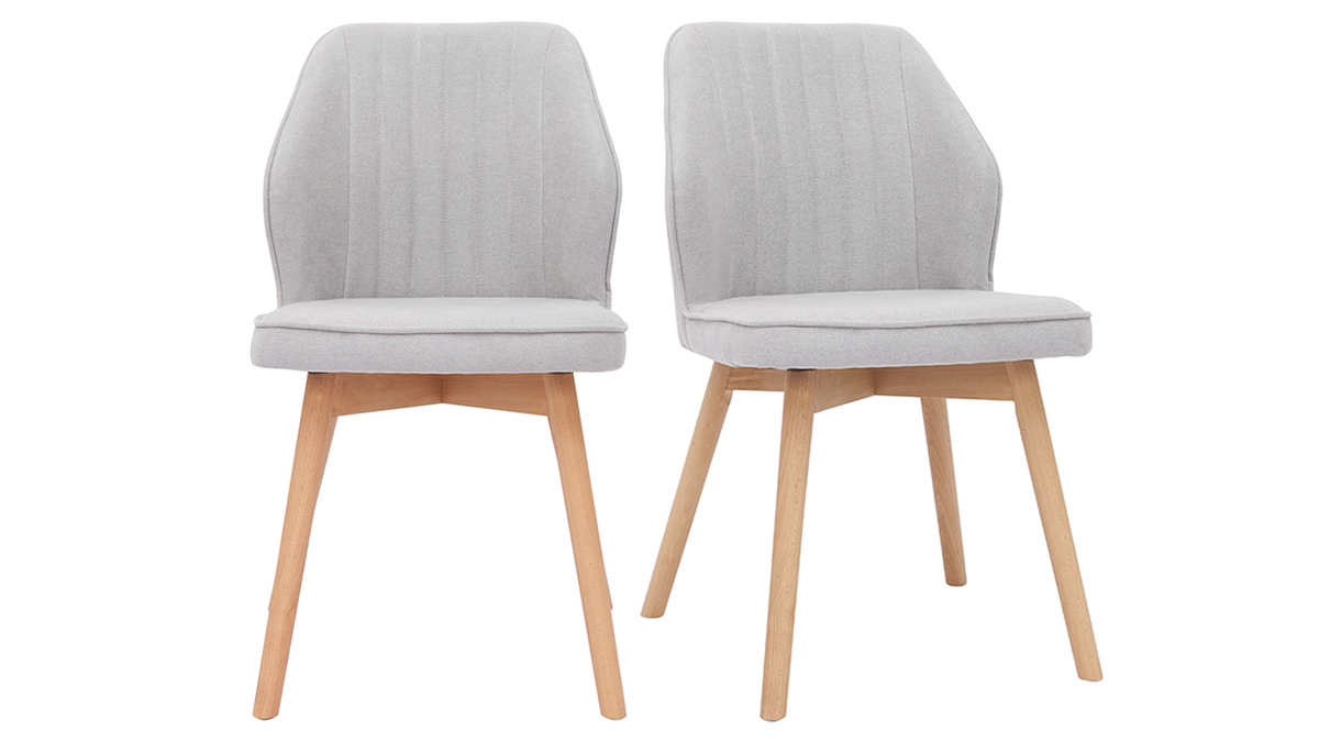 Set de 2 sillas de diseo de tela efecto aterciopelado gris y madera clara maciza FANETTE