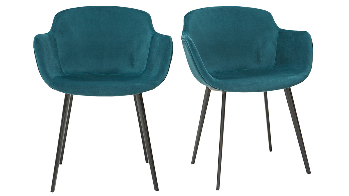 Set de 2 sillas de diseo de terciopelo azul petrleo y metal negro SAKE