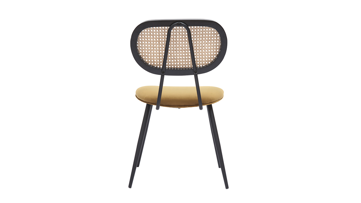 Set de 2 sillas de diseo de terciopelo bronce, metal negro y rejilla de ratn natural TOLMA