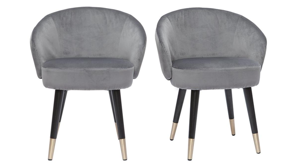 Set de 2 sillas de diseo de terciopelo gris y patas de metal negro BRIZO