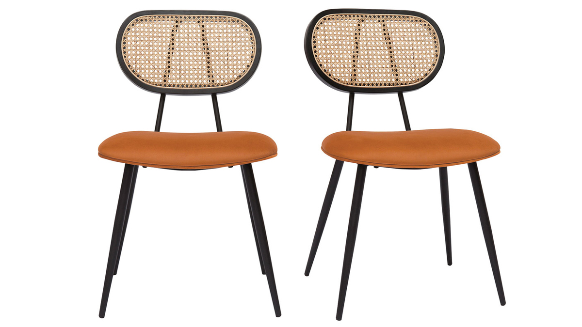 Set de 2 sillas de diseo de terciopelo terracota, metal negro y rejilla de ratn natural TOLMA
