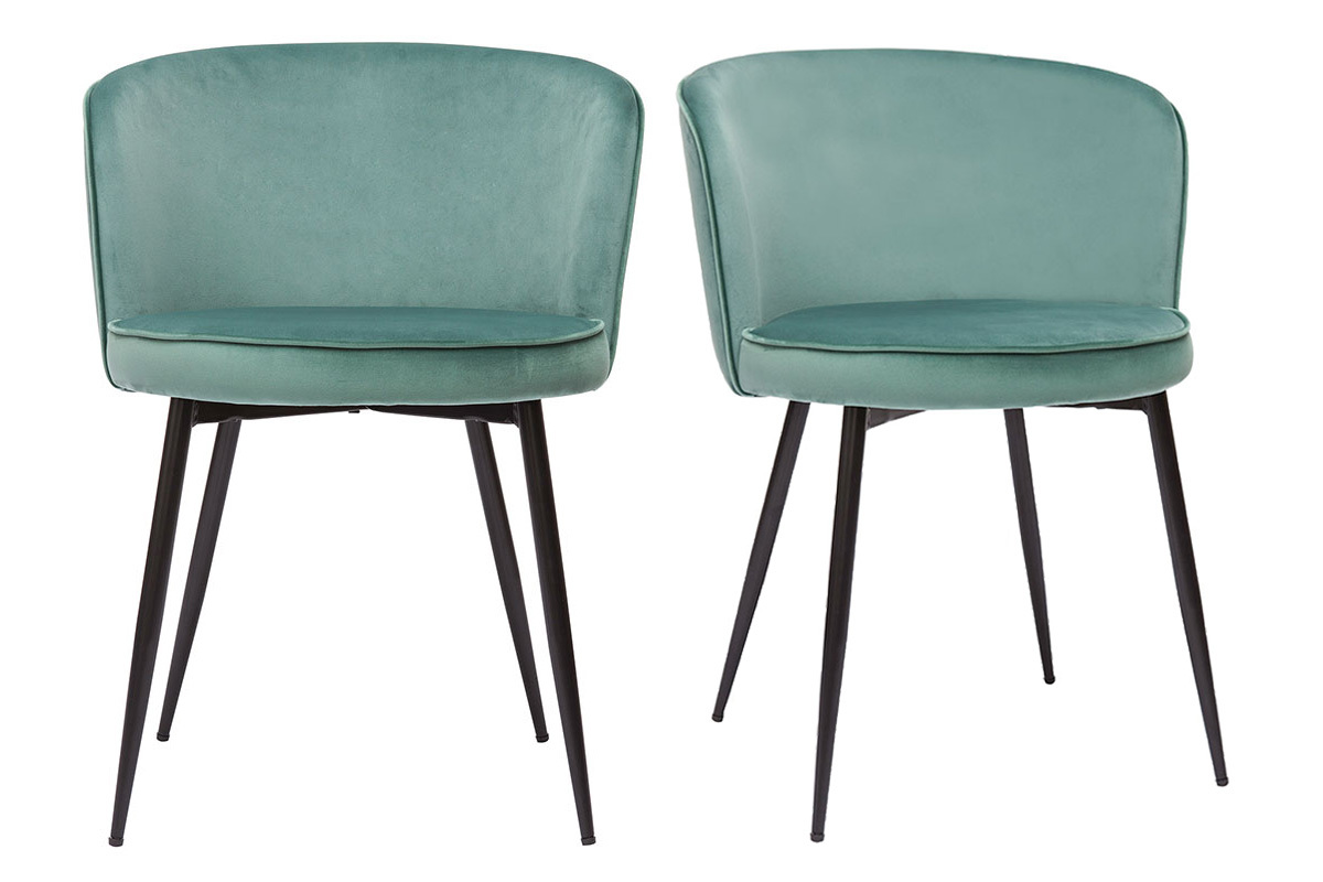 Set de 2 sillas de diseo de terciopelo verde celadn y metal negro SERIF