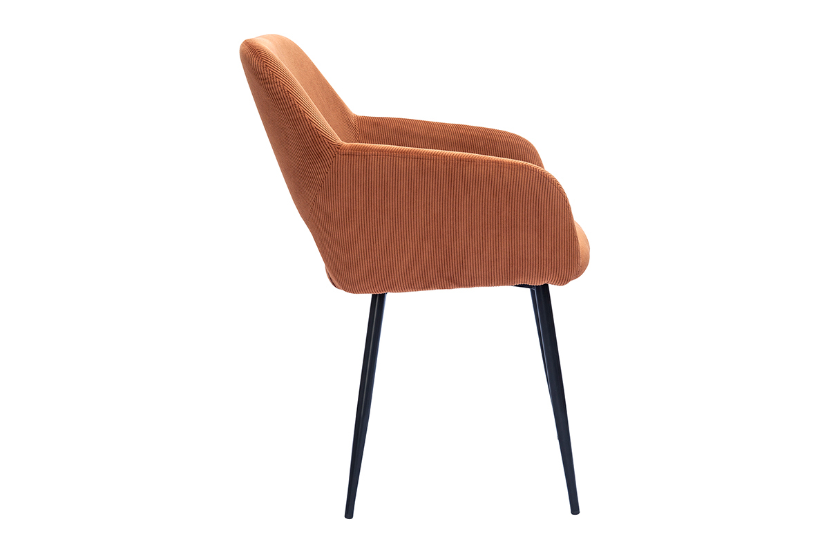 Silla de pana de tierra quemada, vista lateral, patas de metal negro.