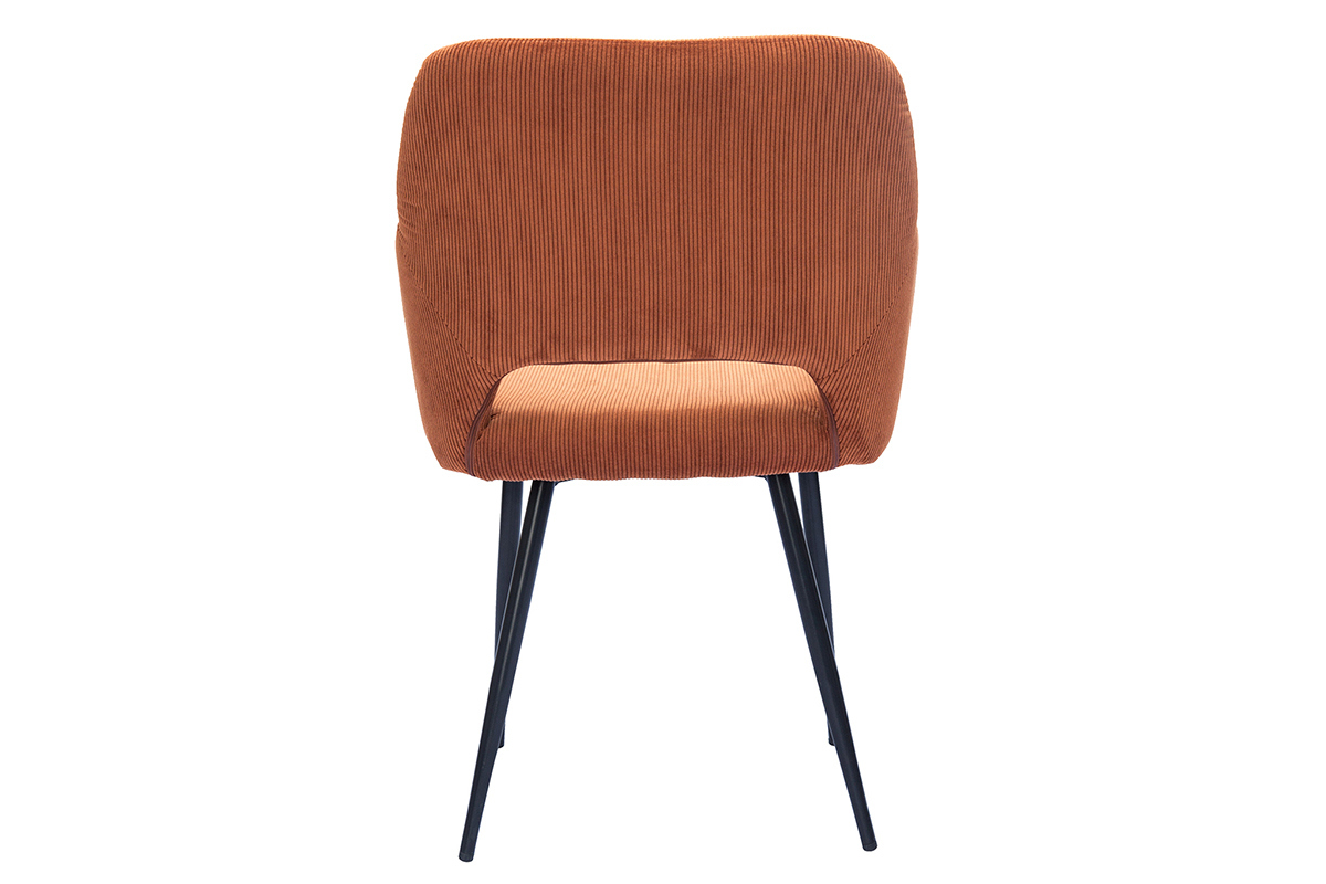 Silla de pana color tierra quemada con patas de metal negro, vista desde atrs.