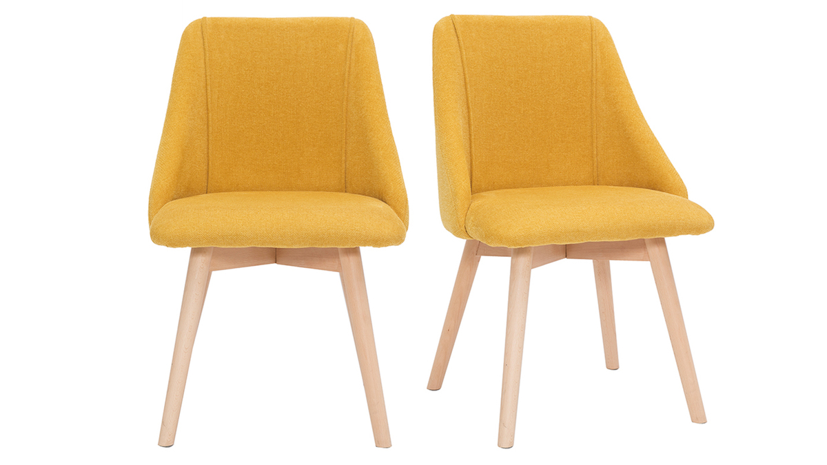Set de 2 sillas de tela efecto aterciopelado texturizado amarillo mostaza y madera maciza HIGGINS