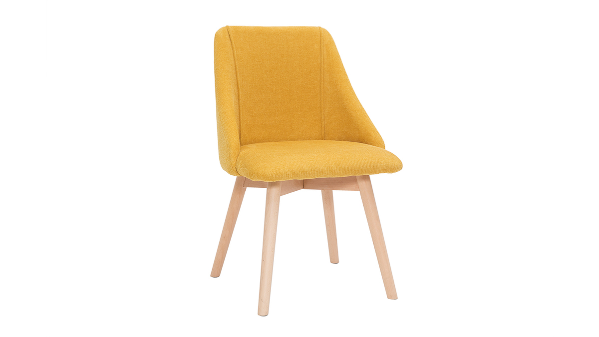 Set de 2 sillas de tela efecto aterciopelado texturizado amarillo mostaza y madera maciza HIGGINS