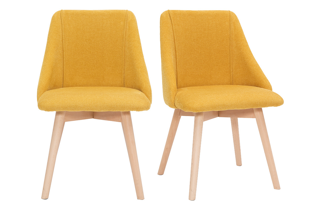 Set de 2 sillas de tela efecto aterciopelado texturizado amarillo mostaza y madera maciza HIGGINS