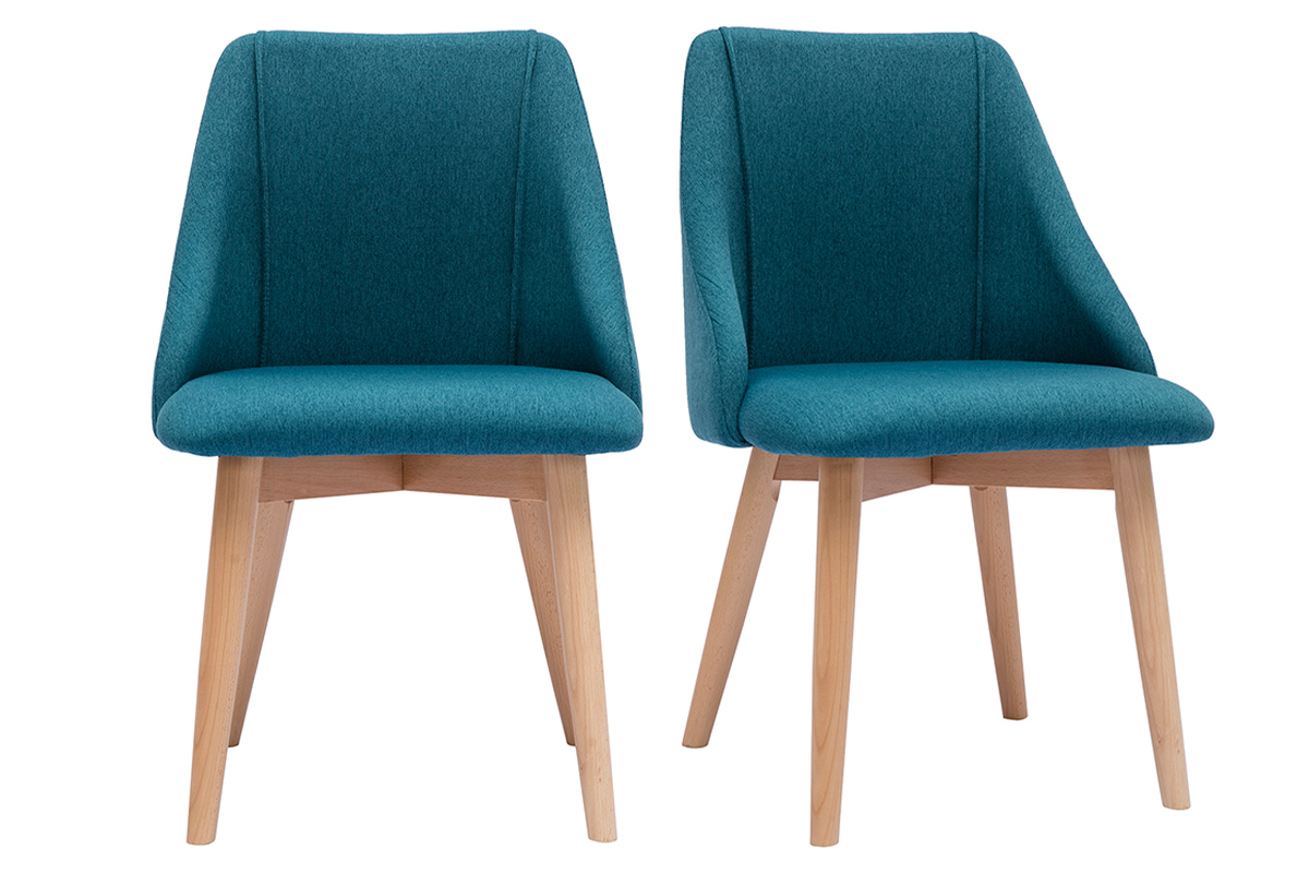 Set de 2 sillas de tela efecto aterciopelado texturizado azul petrleo y madera clara maciza HIGGINS