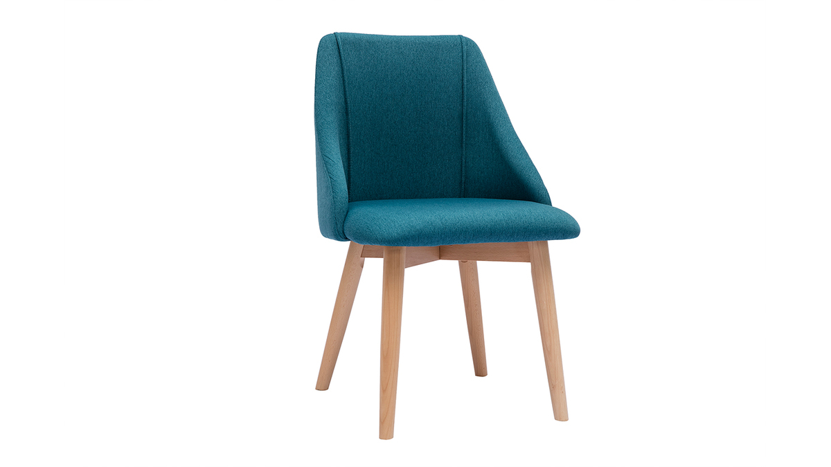 Set de 2 sillas de tela efecto aterciopelado texturizado azul petrleo y madera clara maciza HIGGINS