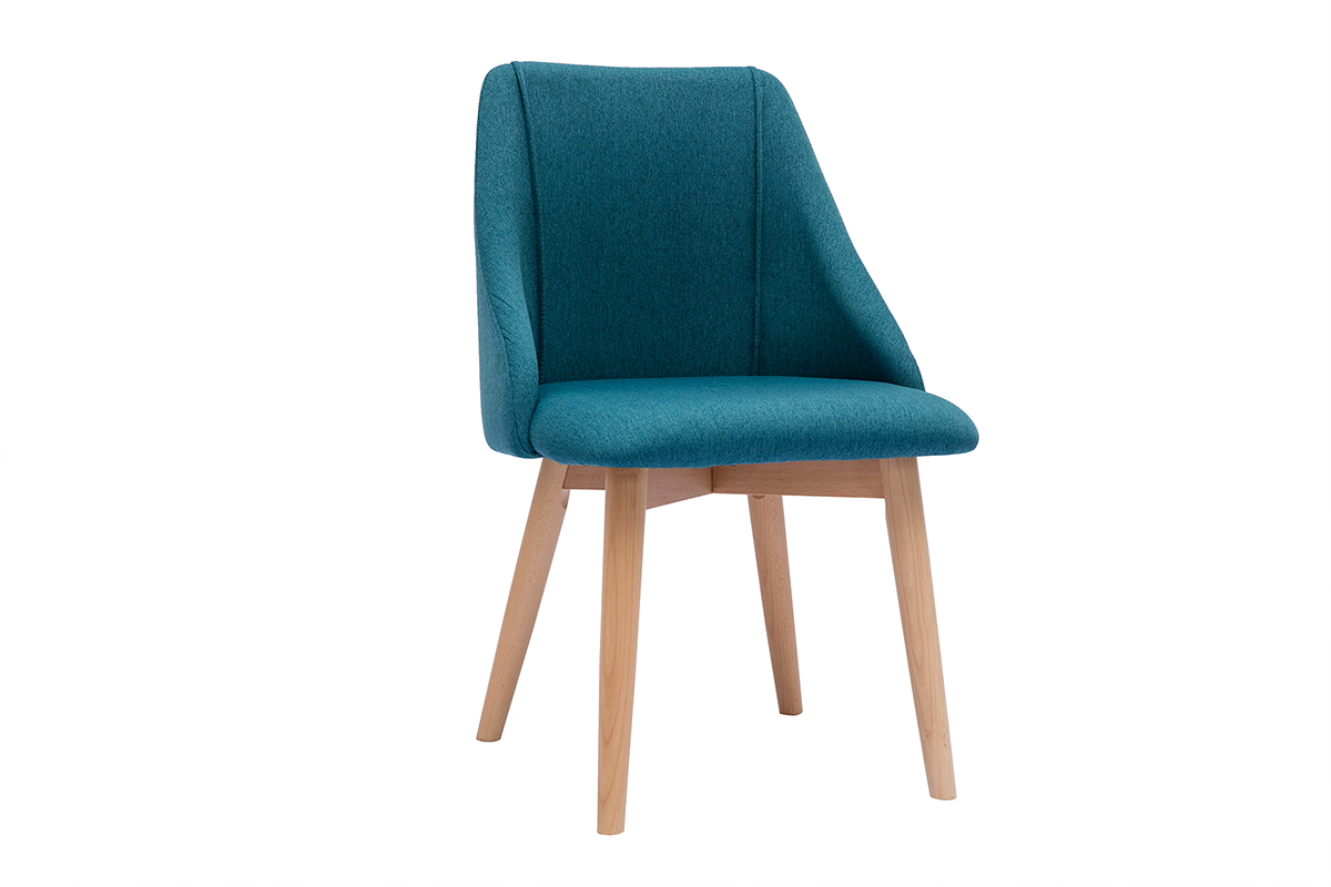 Set de 2 sillas de tela efecto aterciopelado texturizado azul petrleo y madera clara maciza HIGGINS
