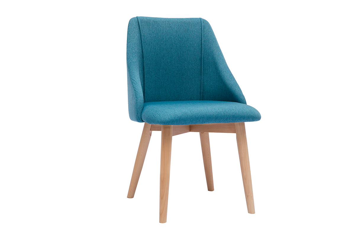 Set de 2 sillas de tela efecto aterciopelado texturizado azul petrleo y madera clara maciza HIGGINS