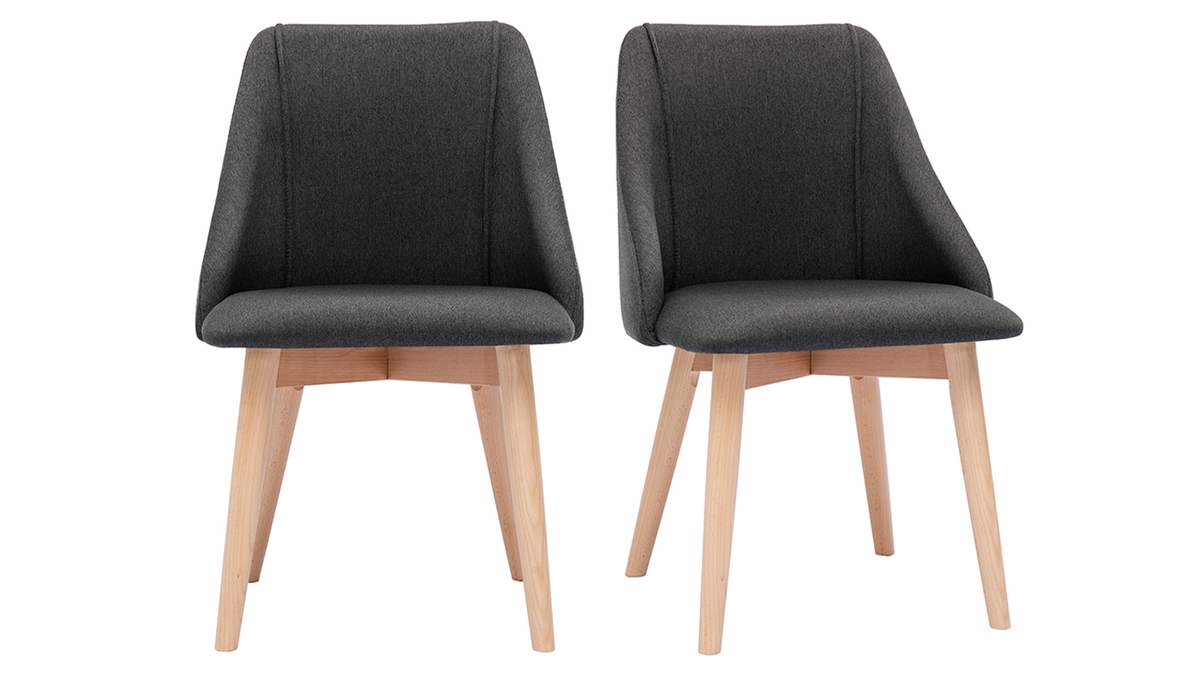Set de 2 sillas de tela efecto aterciopelado texturizado gris oscuro y madera clara maciza HIGGINS