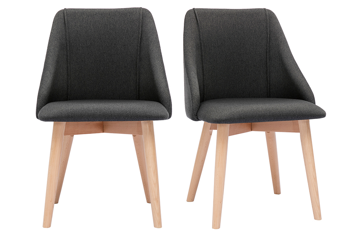 Set de 2 sillas de tela efecto aterciopelado texturizado gris oscuro y madera clara maciza HIGGINS