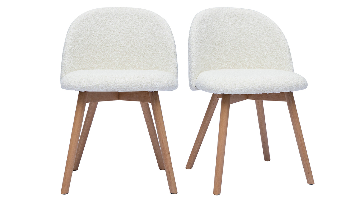 Set de 2 sillas nrdicas de borreguillo blanco y madera clara maciza CELESTE