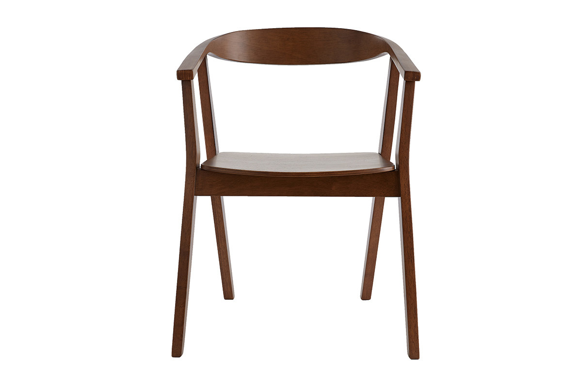 Silla escandinava de madera oscura BAHIA, vista frontal con reposabrazos y respaldo circular.