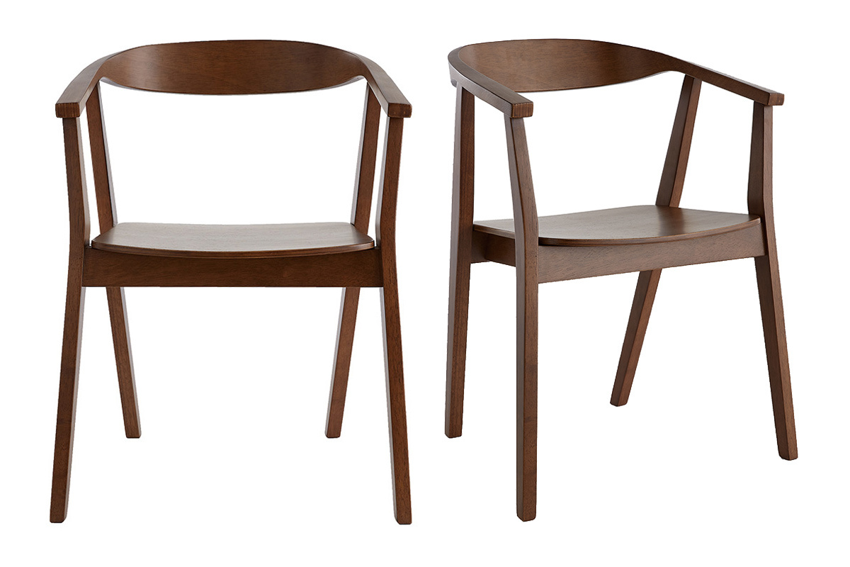 Lote de 2 sillas escandinavas de madera oscura, vista frontal, dise�o retro con reposabrazos.