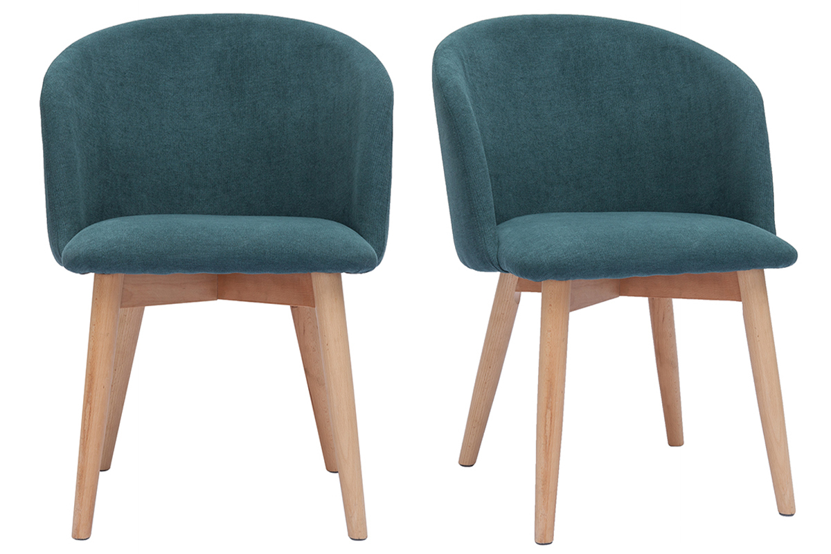 Set de 2 sillas nrdicas de tela efecto aterciopelado azul petrleo y madera clara maciza VANITY