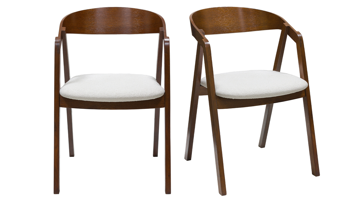 Set de 2 sillas vintage apilables de madera maciza teida de nogal y borreguillo blanco LOVA