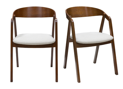 Set de 2 sillas vintage apilables de madera maciza teñida de nogal y borreguillo blanco LOVA