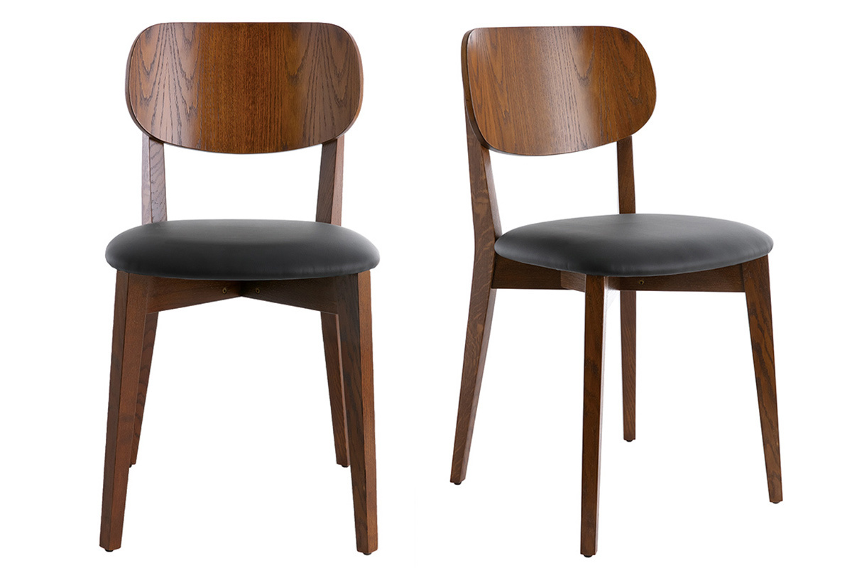 Set de 2sillas vintage con acabado en nogal y asiento negro LUCIA