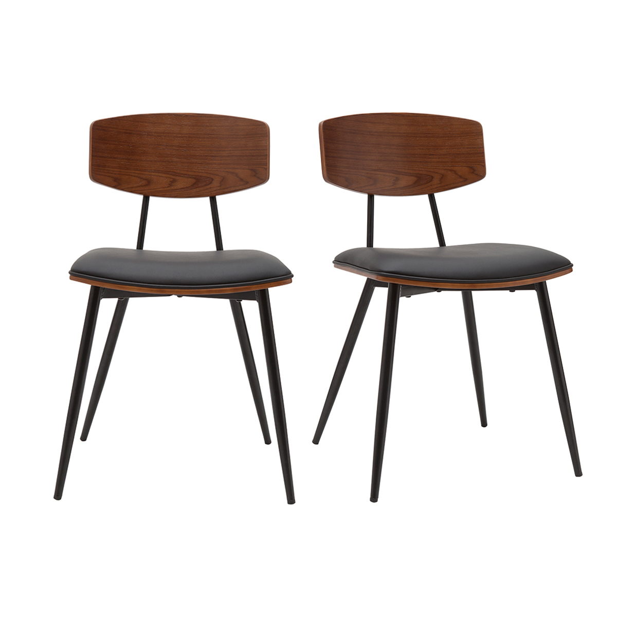 Set de 2 sillas vintage de madera de nogal oscuro con asiento negro y metal negro JOLINE