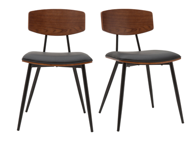 Set de 2 sillas vintage de madera de nogal oscuro con asiento negro y metal negro JOLINE