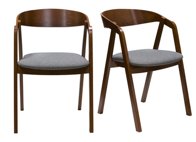 Set de 2 sillas vintage de madera maciza teñida de nogal y tela gris LOVA