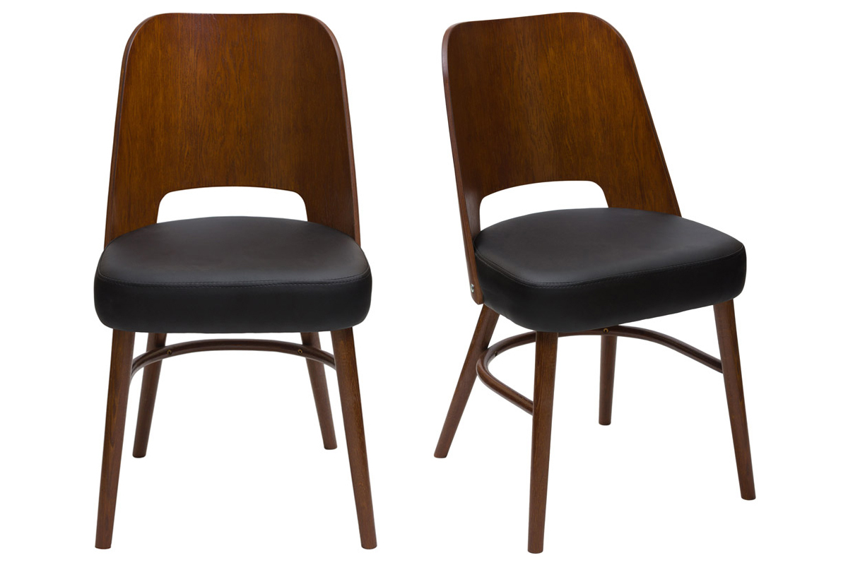 Set de 2 sillas vintage de nogal con asiento negro EDITO