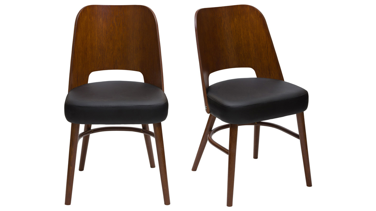 Set de 2 sillas vintage de nogal con asiento negro EDITO