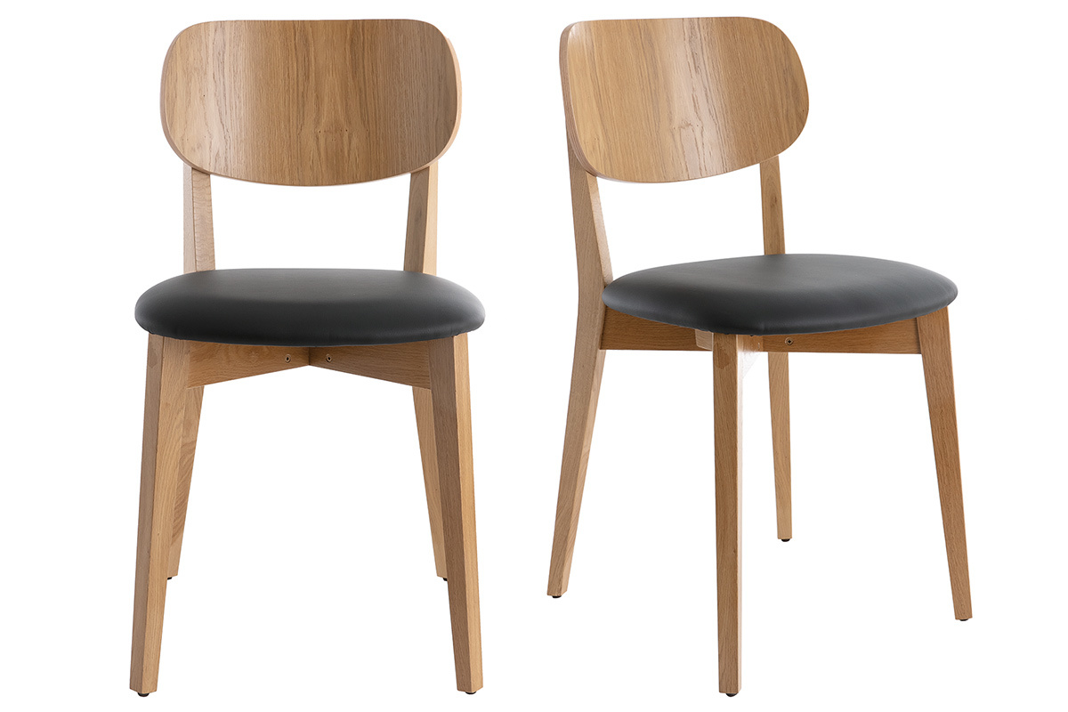 Set de 2sillas vintage de roble con asiento negro LUCIA
